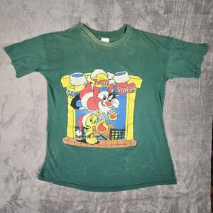 Vintage Looney Tunes 1995 Sylvester Tweety Xmas One Size Oversized Distressed